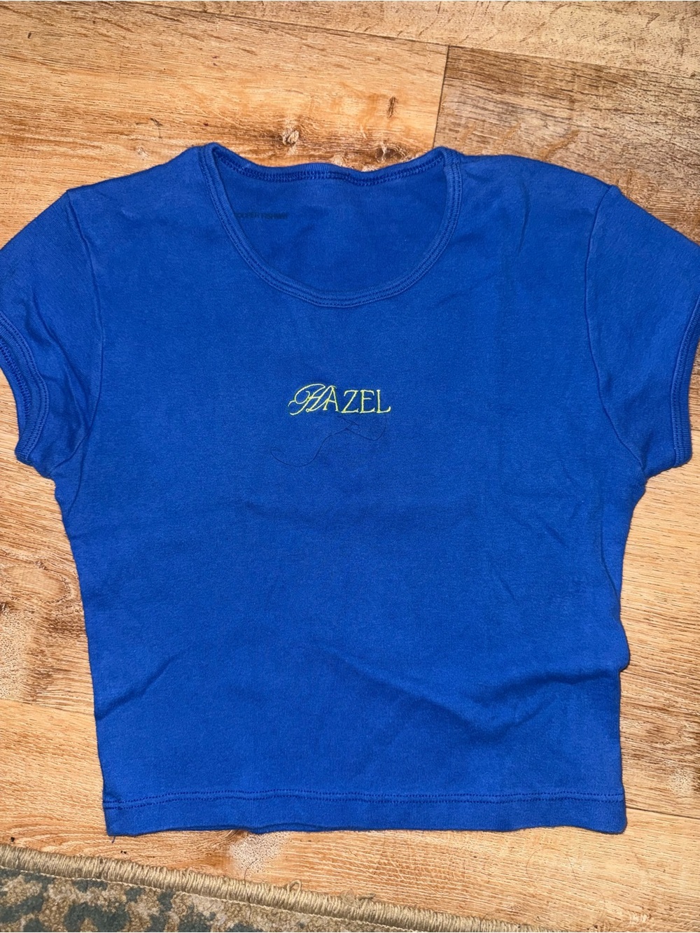hazel Royal Blue Cropped Tee with Yellow Script